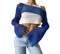 ORANDESIGNE Mode Damen Gothic Punk Streifen Pullover Schulterfrei Langarm Gestreifte Zerrissene Strickpullover Crop Top Lose Oberteile D Blau S