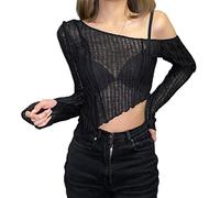 ORANDESIGNE Mode Damen Gothic Punk Streifen Pullover Schulterfrei Langarm Gestreifte Zerrissene Strickpullover Crop Top Lose Oberteile A Schwarz XS