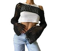 ORANDESIGNE Mode Damen Gothic Punk Streifen Pullover Schulterfrei Langarm Gestreifte Zerrissene Strickpullover Crop Top Lose Oberteile D Schwarz S