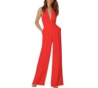 ORANDESIGNE Neckholder Jumpsuit Damen Sommer Lang V-Ausschnitt Rückenfrei V Ausschnitt Overall Baggy Hosenanzug Breites Bein Einfarbig Playsuit Sexy 02-weinrot XL