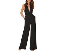 ORANDESIGNE Neckholder Jumpsuit Damen Sommer Lang V-Ausschnitt Rückenfrei V Ausschnitt Overall Baggy Hosenanzug Breites Bein Einfarbig Playsuit Sexy 02-schwarz XS