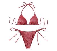ORANDESIGNE Pailletten Bikini Damen Set Glänzendes Bikini Zweiteiliger Set Sexy Tanga String Bikinis Push Up Riemchen Spaghetti Bikini Bademode Neckholder Strandmode Badeanzug A Rot L