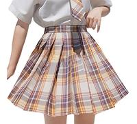ORANDESIGNE Plissee Rock Damen Kurz Kariert A-Linie Gothic Mini Skater Rock Mädchen Hohe Taille Japanische Kleidung Kawaii Casual Elegant Outfit Faltenrock Gelb S