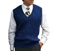 ORANDESIGNE Pullunder Herren Årmellos Trachten Strickweste Zopfmuster Pullover Regular Fit Strickpullunder Winter Pullover Weste Grobstrick Strickpullover Sweater Knitted Tank Top Blau XL