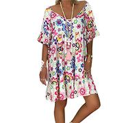 ORANDESIGNE Robe ETE Femme Robe de Plage Casual Imprimée Bohème Col V À Manches 3/4 Robe Chic Grande Taille Mini Robe Tunique D Weiß 48