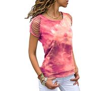 ORANDESIGNE Rosa Tie Dye Batik Bunte Kurzarm Rundhals Oversize Ausgefallene Hippie Pastell T-Shirt Tops Oberteile Damen Mode 02 Rot 36