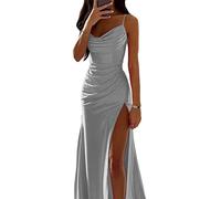 ORANDESIGNE Satin Abendkleid Damen Spaghettiträger Midikleid Fischschwanzkleider Elegant Lange A-Linie Backless Cocktailkleider Sexy Lang Brautjungfer Kleid Partykleid mit Schlitz A Grau M