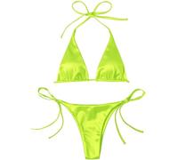 ORANDESIGNE Satin Triangel Bikini Damen Set Sexy Bikini Set Neckholder Bikinis Tanga String Zweiteiliger Badeanzug Unterteil Seitlicher Schnürung A Hellgrün M
