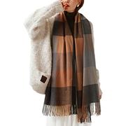ORANDESIGNE Schal Damen Warm Herbst Kariert Pashmina Schals Stola mit Fransen übergroßer Deckenschal Herbstschal Winterschal Karo Tartan Plaid Muster Fransen Poncho A Braun 180 x 70 cm