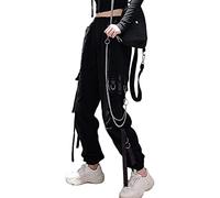 ORANDESIGNE Schwarz Freizeithosen Damen Cargo Hose Elastic Waist Buckle Ribbon Pocket Jogger High Streetwear Harajuku Hose Punk Ringkette Damenhose D Schwarz M