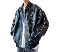 ORANDESIGNE Schwarze Lederjacke Herren Herbst Lange Damen Moto Biker Reißverschlussjacke Streetwear Harajuku Y2K Lose Damenmantel A Schwarz S