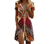 ORANDESIGNE Sommerkleid Damen Elegant Knielanges Kleider Kurzarm Rundhals Sommerkleider Damen Leicht und Luftig A-Linie Boho Blumenkleid Casual Tunika Bedrucktes Kleid Strandkleid B Orange XL