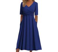ORANDESIGNE Sommerkleid Damen Kurzarm Blusenkleid Elegant V-Ausschnitt Plissee Midikleid Casual Einfarbig Wickelkleid Hohe Taille Lang Freizeitkleid A Linie Fließend Maxikleid A Blau XS