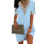 ORANDESIGNE Sommerkleid Damen Leicht Luftig Tunika Kleid Boho Casual V-Ausschnitt Minikleid Lässig Shirtkleid Kurzarm Schulterfreie Kleider Sommer Freizeitkleider Kurz Strandkleid A Blau L