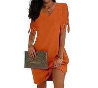 ORANDESIGNE Sommerkleid Damen Leicht Luftig Tunika Kleid Boho Casual V-Ausschnitt Minikleid Lässig Shirtkleid Kurzarm Schulterfreie Kleider Sommer Freizeitkleider Kurz Strandkleid E Orange XS