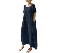 ORANDESIGNE Sommerkleid Damen Leinenkleider Casual Rundhals Kurzarm Freizeitkleid Strandkleider Lange Kleider Kaftan Boho Maxikleider Große Größen Sommer Maxikleid mit Taschen C Marine 3XL