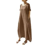 ORANDESIGNE Sommerkleid Damen Leinenkleider Casual Rundhals Kurzarm Freizeitkleid Strandkleider Lange Kleider Kaftan Boho Maxikleider Große Größen Sommer Maxikleid mit Taschen C Braun 3XL