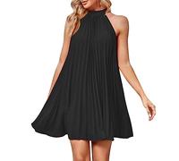 ORANDESIGNE Sommerkleid Damen Minikleid A Linie Elegant Neckholder Kleid Kurz Festlich Casual Swing Kleider mit Falten Freizeitkleid Abendkleid Partykleid Ballkleid Cocktail Schwarz L