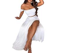 ORANDESIGNE Sommerkleid Damen Sommer Boho Kleid Elegant Blumenmuster Lange Kleider 2-teiliges Set Kurzarm Schulterfrei Crop Top und Maxirock Maxikleider Frauen Lang Strandkleider A Weiß M