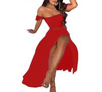 ORANDESIGNE Sommerkleid Damen Sommer Boho Kleid Elegant Blumenmuster Lange Kleider 2-teiliges Set Kurzarm Schulterfrei Crop Top und Maxirock Maxikleider Frauen Lang Strandkleider A Rot M