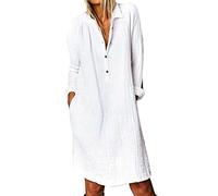 ORANDESIGNE Sommerkleid Leinen Kleider Damen Lang Blusen Casual Baumwoll und Leinen Langarm Kleid Halbarm Kleid mit Taschen Hemdkleid C Weiß 44