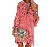 ORANDESIGNE Sommerkleider Damen Knielang Elegant Mini Kleider V-Ausschnitt BöHmen A-Linie Kleid 3/4 äRmel Tunika Kleid Quaste Casual Blumen Kleider Spitze Bestickte Kleider 01 Rosa XL