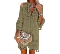 ORANDESIGNE Sommerkleider Damen Knielang Elegant Mini Kleider V-Ausschnitt BöHmen A-Linie Kleid 3/4 äRmel Tunika Kleid Quaste Casual Blumen Kleider Spitze Bestickte Kleider 01 Khaki 3XL