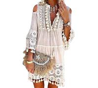 ORANDESIGNE Sommerkleider Damen Knielang Elegant Mini Kleider V-Ausschnitt BöHmen A-Linie Kleid 3/4 äRmel Tunika Kleid Quaste Casual Blumen Kleider Spitze Bestickte Kleider 01 Weiß1 XL