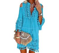 ORANDESIGNE Sommerkleider Damen Knielang Elegant Mini Kleider V-Ausschnitt BöHmen A-Linie Kleid 3/4 äRmel Tunika Kleid Quaste Casual Blumen Kleider Spitze Bestickte Kleider 01 Blau XL