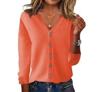 ORANDESIGNE Strickjacke Damen Kurz Strick Cardigan V-Ausschnitt Knopfleiste Open Front Strickpullover Gestrickt Cardigan Sweater Elegant Casual Schulterjacke Strickmantel Dünne Jacke Orange M
