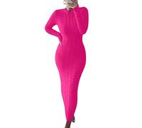 ORANDESIGNE Strickklied Damen Winter Lang Maxikleid Herbst Winter Langarm Kleid Eng Strick Bodycon Kleider Warm Winterkleid Festlich Elastische Casual Elegant Etuikleid Freizeitkleider Rosarot XL
