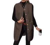 ORANDESIGNE Teddy Fleece Weste Lange Damen Herbst Winter Warm Ärmellos Fellweste Damen Einfarbig V-Ausschnitt Knöpfen Fleeceweste aus Teddyfell A Kaffee XL