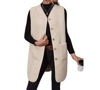 ORANDESIGNE Teddy Fleece Weste Lange Damen Herbst Winter Warm Ärmellos Fellweste Damen Einfarbig V-Ausschnitt Knöpfen Fleeceweste aus Teddyfell A Beige M