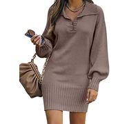 ORANDESIGNE Winterkleid Damen Langarm Festlich Kleid Winter Warm Strickkleid Elegant Pulloverkleid Eng Kurz Minikleid Wickelkleid Strickkleider Geripptes Kleid Braun XS