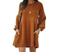 ORANDESIGNE Winterkleid Damen Langarm Ribbed Festlich Kleid Winter Warm Strickkleid Elegant Pulloverkleid Eng Kurz Minikleid Wickelkleid Strickkleider Geripptes Kleider mit Tasche Braun S