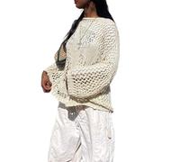 ORANDESIGNE Womens Y2K Long Sleeve Crop Tops Crochet Color Block Hollow Out Cover Up Shirt Square Neck Knit Top 90S Streetwear G Aprikose M