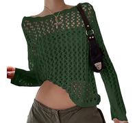 ORANDESIGNE Womens Y2K Long Sleeve Crop Tops Crochet Color Block Hollow Out Cover Up Shirt Square Neck Knit Top 90S Streetwear M Armeegrün S