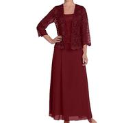 ORANDESIGNE Zweiteiler Damen Elegant Festlich Hochzeit Tüll Spitze Bolero und Abendkleid Maxi Lang Schicke Abendmode Set Outfit 2 Teiler Party Cocktail Mode Kleider Anzug Burgunderrot XXL