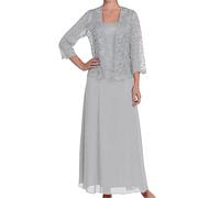 ORANDESIGNE Zweiteiler Damen Elegant Festlich Hochzeit Tüll Spitze Bolero und Abendkleid Maxi Lang Schicke Abendmode Set Outfit 2 Teiler Party Cocktail Mode Kleider Anzug Grau XXL