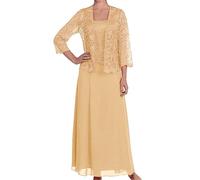 ORANDESIGNE Zweiteiler Damen Elegant Festlich Hochzeit Tüll Spitze Bolero und Abendkleid Maxi Lang Schicke Abendmode Set Outfit 2 Teiler Party Cocktail Mode Kleider Anzug Aprikose XL