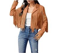 Orange Jeansjacke Damen Kurz Jacke Denim 60er 70er Wildleder Vorne Offen Cardigan Lange Ärmel Umlegekragen Oversize Mit Quaste Jean Herbst Mantel Outwear Schwarz College Party Jacken S M L Xl