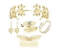 ORAZIO 5 Pcs Griechisches Göttinnen Schmuck Set für Frauen, Griechisches Blattgold Stirnband, Römische Griechische Göttin Kopfschmuck, Gold Blatt Krone Goldmanschette Armband, Haarkamm Schieber
