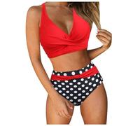 Orbgons Bikini Damen Bauchweg Zweiteiliger V Ausschnitt Badeanzug überkreuztes Bauchkontrolle Bikinioberteil Bikinihose Neckholder BikiniSets für Damen High Waist Sexy Bikinis mit Cups (01 Red, L)