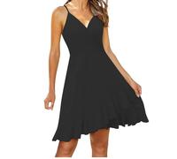 ORDOBO Ärmelloses Damenkleid - Verstellbares Spaghettiträger-Kleid Ärmellos Verstellbar Sexy Lässig Einfarbig V-Ausschnitt Rüschen Übergröße Streetwear Schwarz L