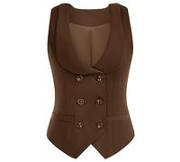 ORDOBO Damen Anzugweste - Übergröße Reverskragen Zweireihige Weste Ärmellos Fürs Businessbüro Formelle Strickjacke In Volltonfarbe Mit Knopfleiste Braun Xl