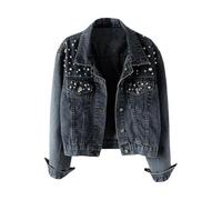 ORDOBO Jeansjacke Für Damen - Revers Frühling Herbst Perlen Jeansjacke Einfarbig Großformat Einreihig Mit Tasche Lockerer Mantel Kleidung Oberteil,Schwarz,L