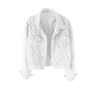 ORDOBO Jeansjacke Für Damen - Revers Frühling Herbst Perlen Jeansjacke Einfarbig Großformat Einreihig Mit Tasche Lockerer Mantel Kleidung Oberteil,Weiß,L