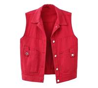 ORDOBO Jeansweste Für Damen - Frauen Kurze Tops Frühling Sommer Schlanke Revers Weste Ärmellose Jacke Lose Lässige Plus Größe S-5Xl Strickjacke Elegante Vintage, Rot, 5XL