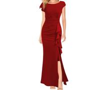 ORDOBO Kurzarmkleid Für Damen - Sommer-Partykleid Mit Rundhalsausschnitt Sexy Unregelmäßige Rüschen Seitlicher Schlitz Einfarbig Figurbetont Midilänge Temperament Streetwear Rot M