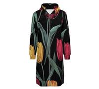 ORDOBO Lange Kapuzenjacke Damen Mit Reißverschluss Cartoon-Tulpen Langarm Casual Kapuzen Strickjacke Mit tasche Herbst Winter Jacke Top S